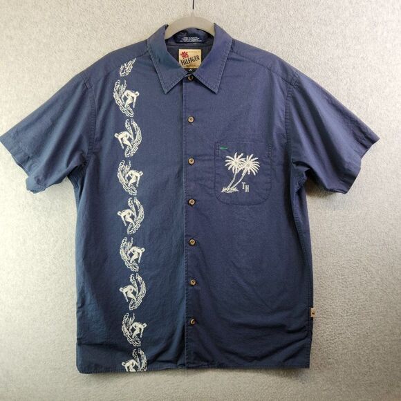 Tommy Hilfiger Hawaiian Shirt Mens Medium Blue Palm Trees Vintage Beach VTG - Picture 15 of 16